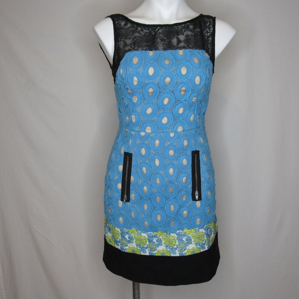 Tracy Reese Blue Black Yellow Embroidered Crochet Silk Party Dress Women's 0